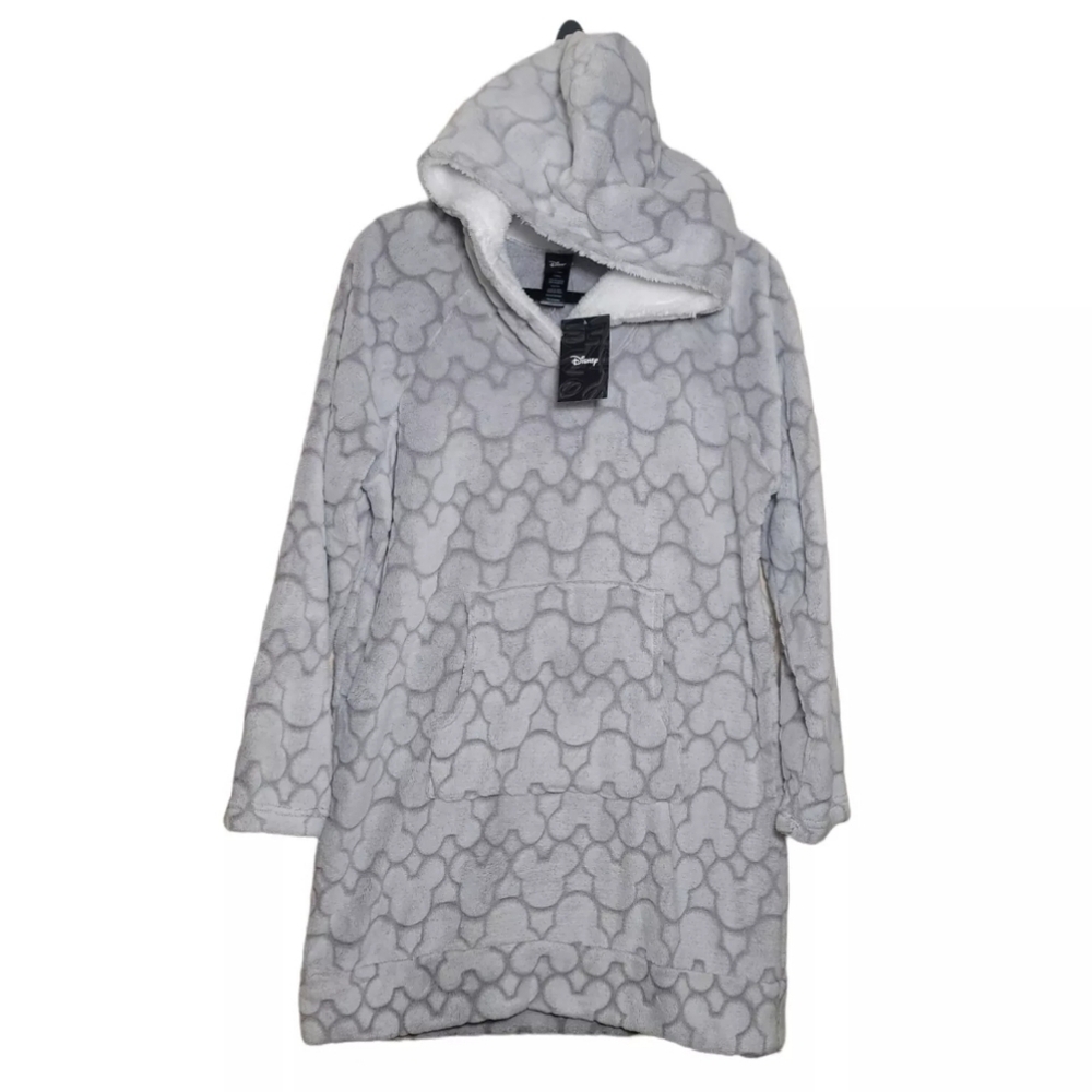 NWT Disney Mickey Mouse Sleepwear Onepiece Gray Women’s Medium Plush Hood Lounge